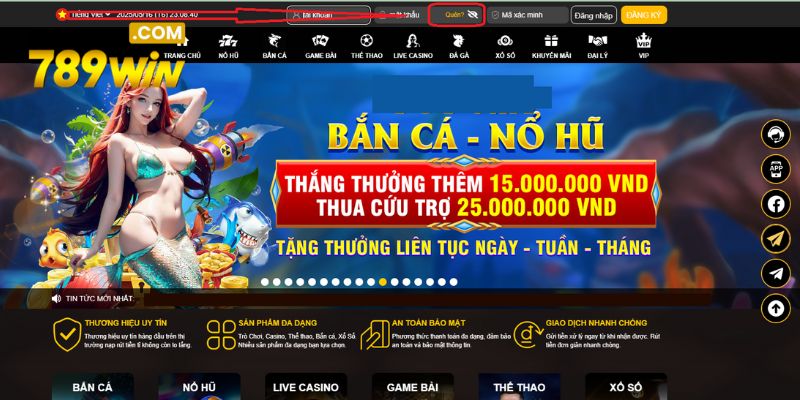 Người chơi chọn mục quên ở biểu mẫu đăng nhập